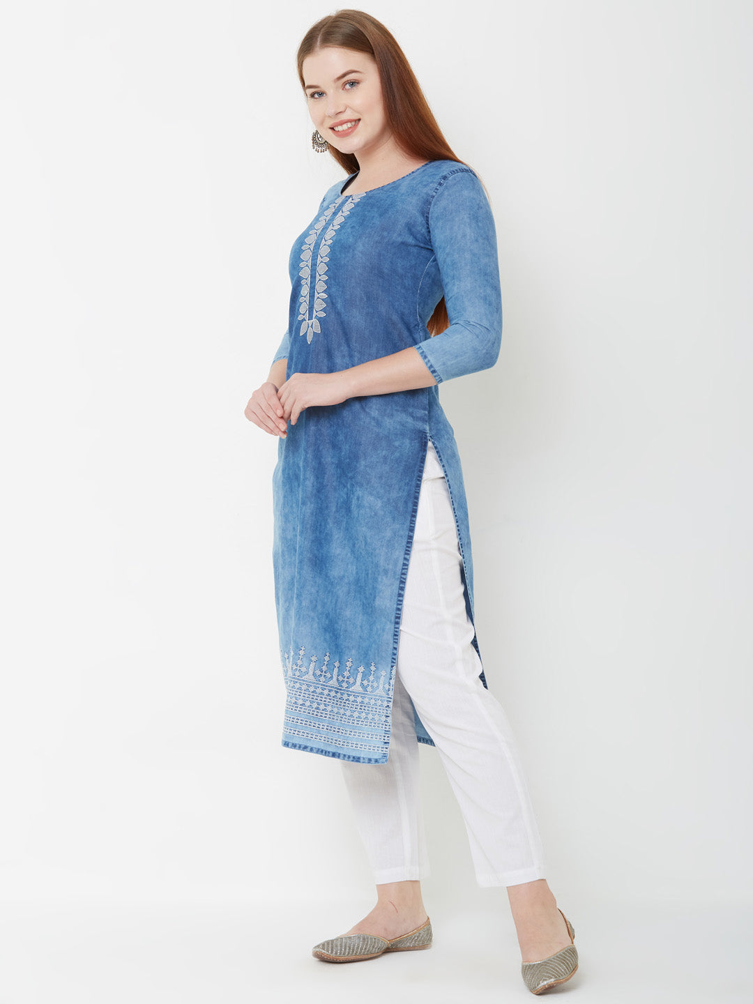 white Kurti with jeans| white Kurti styled with blue denim jeans| Shop  Online #chicken #kurti #with #jeans … | Kurti with jeans, Cotton kurti  designs, Kurti designs